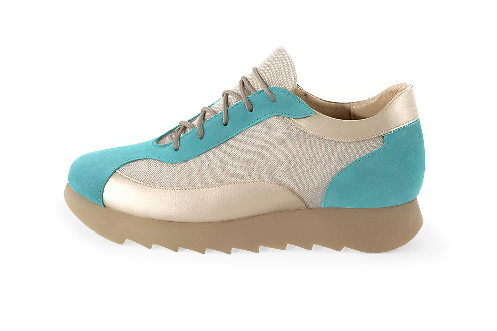 Aquamarine blue and gold women's two-tone elegant sneakers. Round toe. Low rubber soles. Profile view - Florence KOOIJMAN